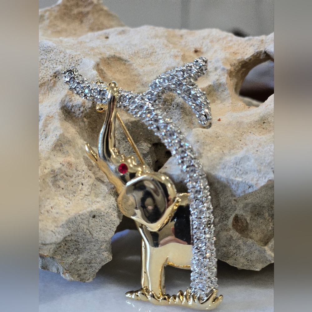 2006 AD Crystal Gold and Silver Tone Elephant Brooch